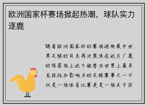 欧洲国家杯赛场掀起热潮,球队实力逐鹿