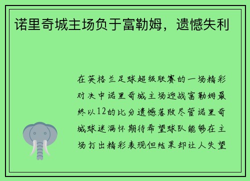 诺里奇城主场负于富勒姆,遗憾失利